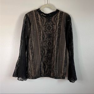 EUC Cure Lace Long Bell Sleeve Top Black and Beige sz XL